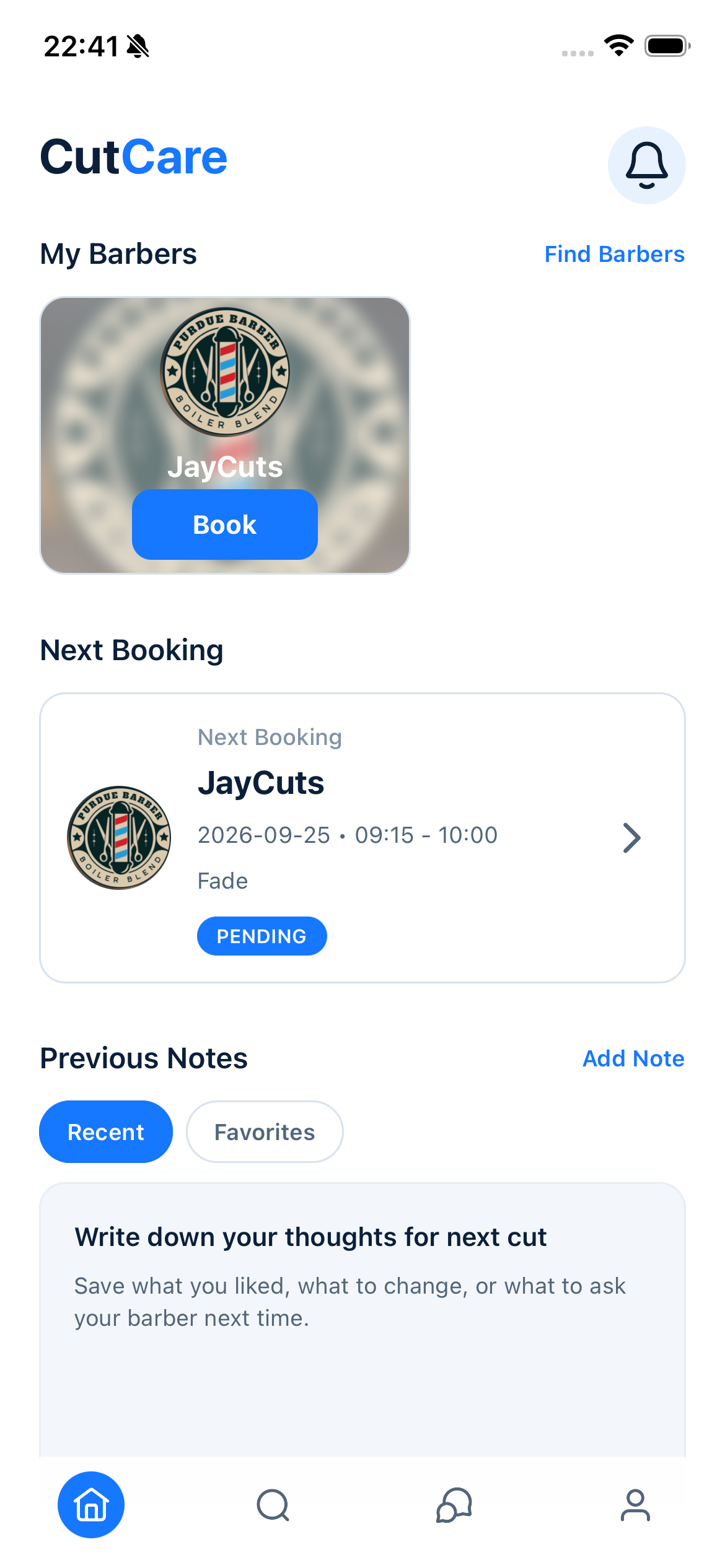 Client Home screen in the CutCare client app